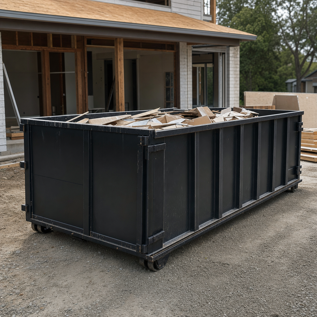 Large matte-black 30-yard construction roll-off dumpster at an active Gilbert jobsite, steel-gray top rails and bottom rollers visible, loaded with construction debris.