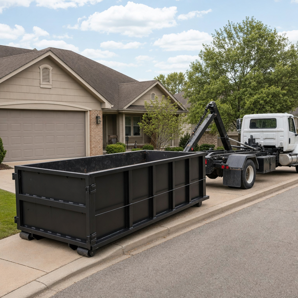 Wide documentary shot of a matte-black roll-off dumpster on a Gilbert residential driveway in the foreground and a contractor jobsite container in the soft-focus background, bright daylight, calm and orderly composition.