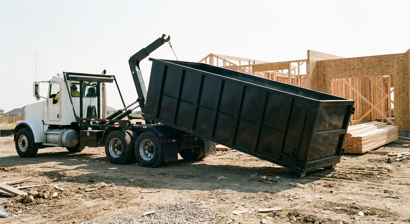 Matte-black roll-off dumpster being delivered onto a clean residential concrete driveway in Gilbert by an unmarked white hooklift hauler truck, bright morning daylight, documentary 35mm perspective.